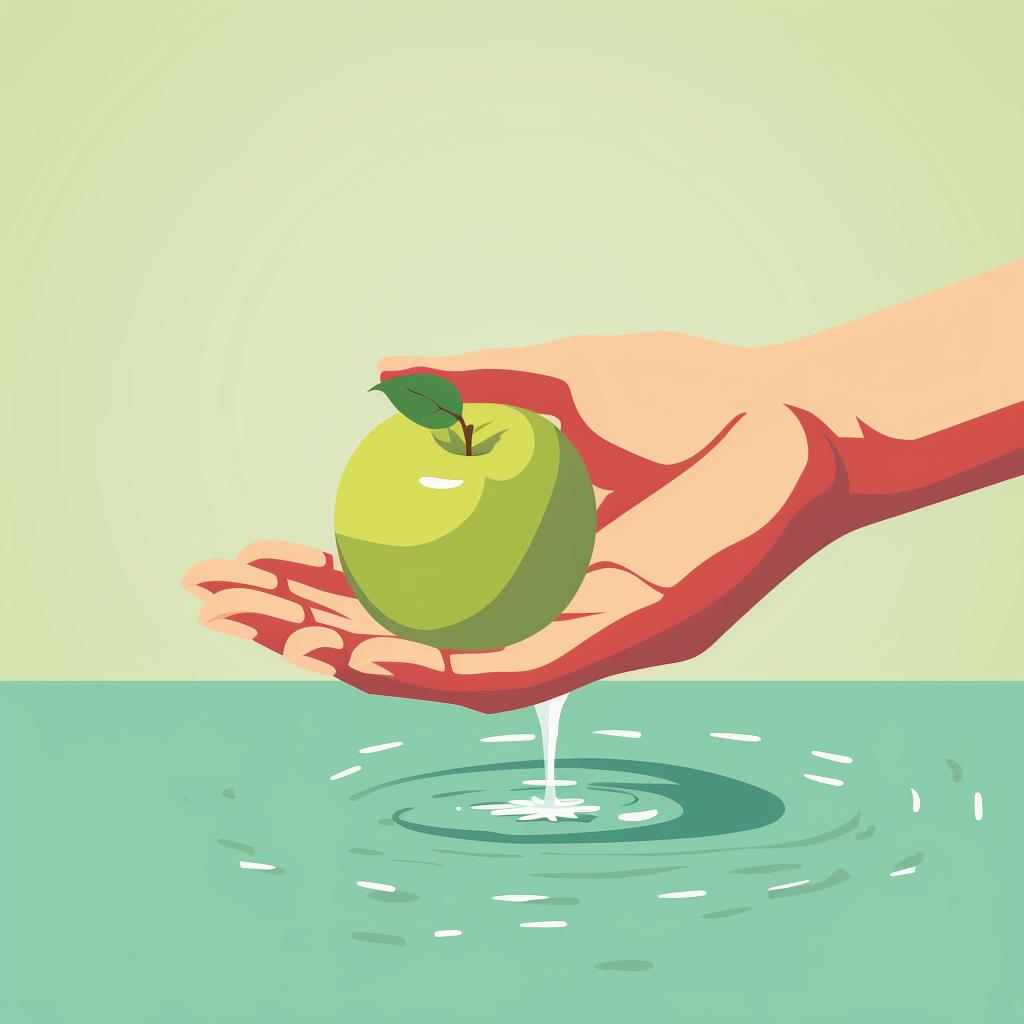 Hands washing an apple under running water